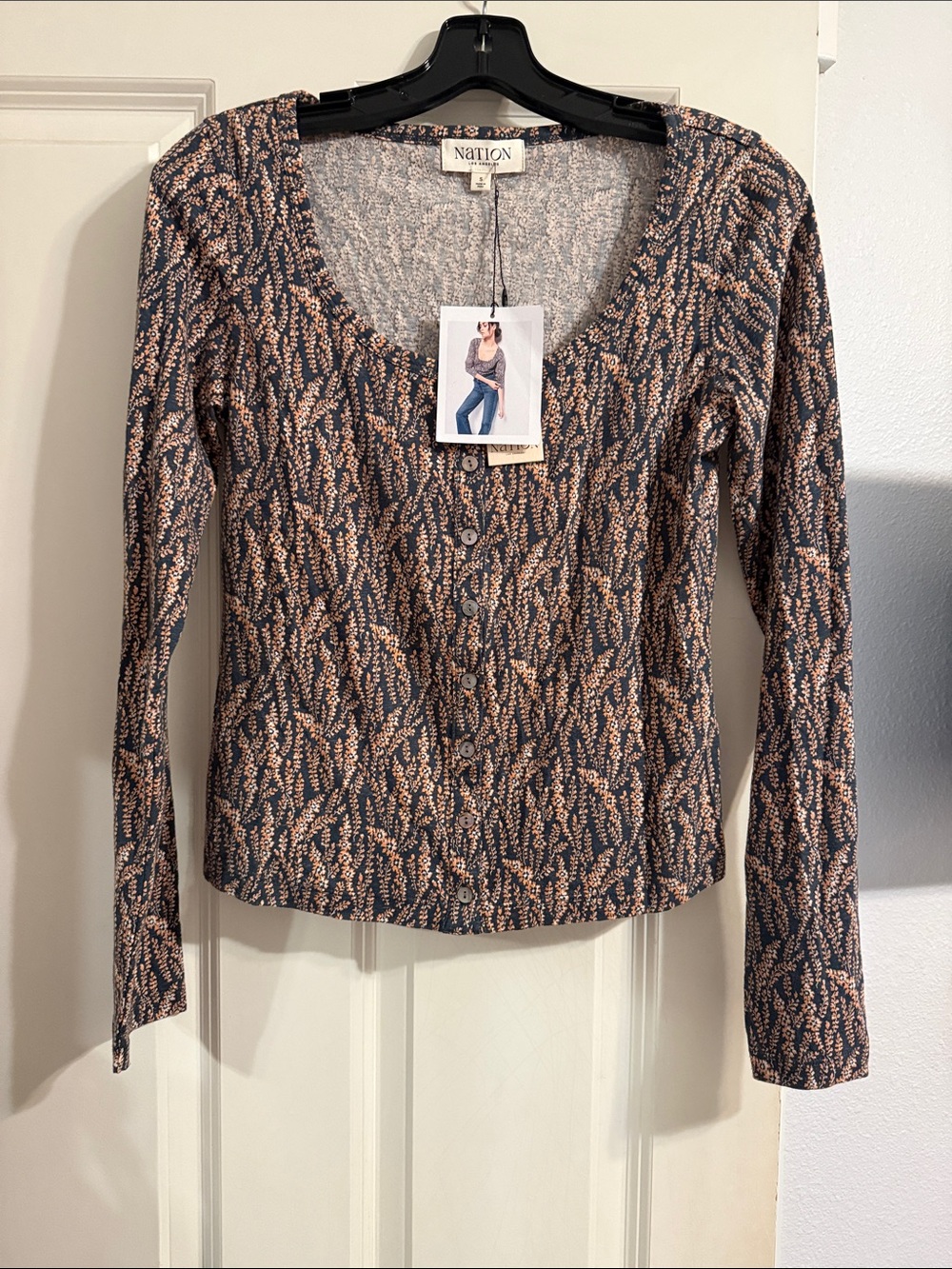 NWT Anthropologie NATION LTD Navy and Blush Long-Sleeve Button Scoop Neck Top